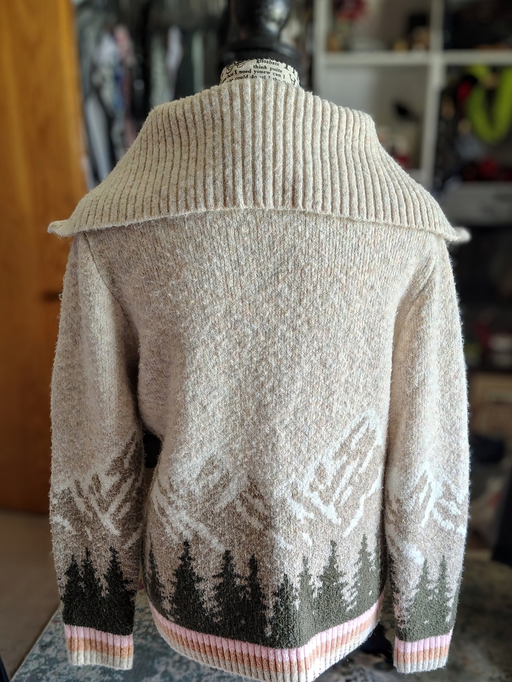 Neutral Forest-Print Zip Cardigan Sweater - Beige/Green - Picture 3 of 6